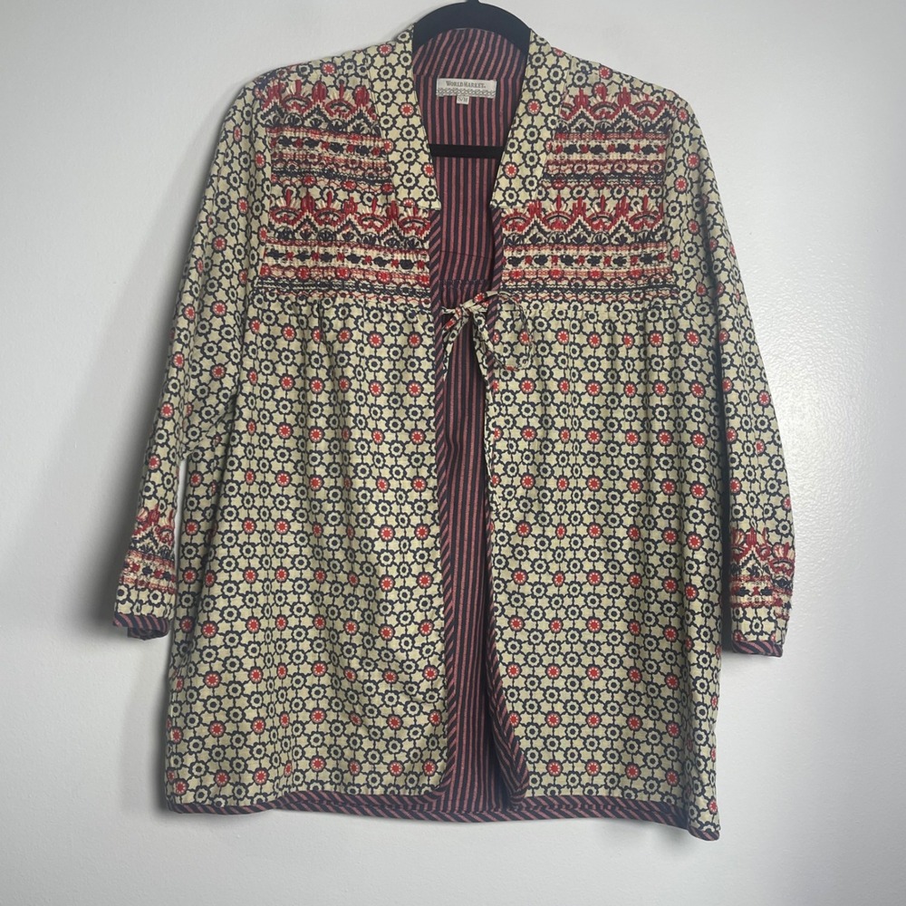 WORLD MARKET Embroidered Open Front Kimono‎ Jacket Cardigan S/M Neutral Bohemian